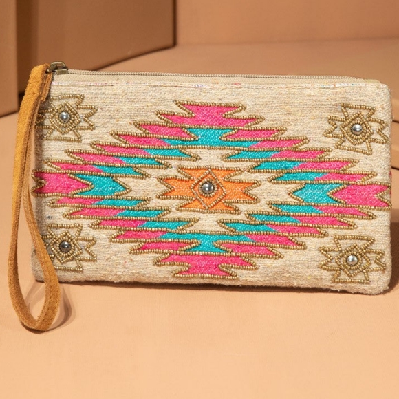 Handmade Hand Beaded Wristlet Clutch - Ethnic Inspired Motive - Dyed Fine Cotton - Picture 2 of 6